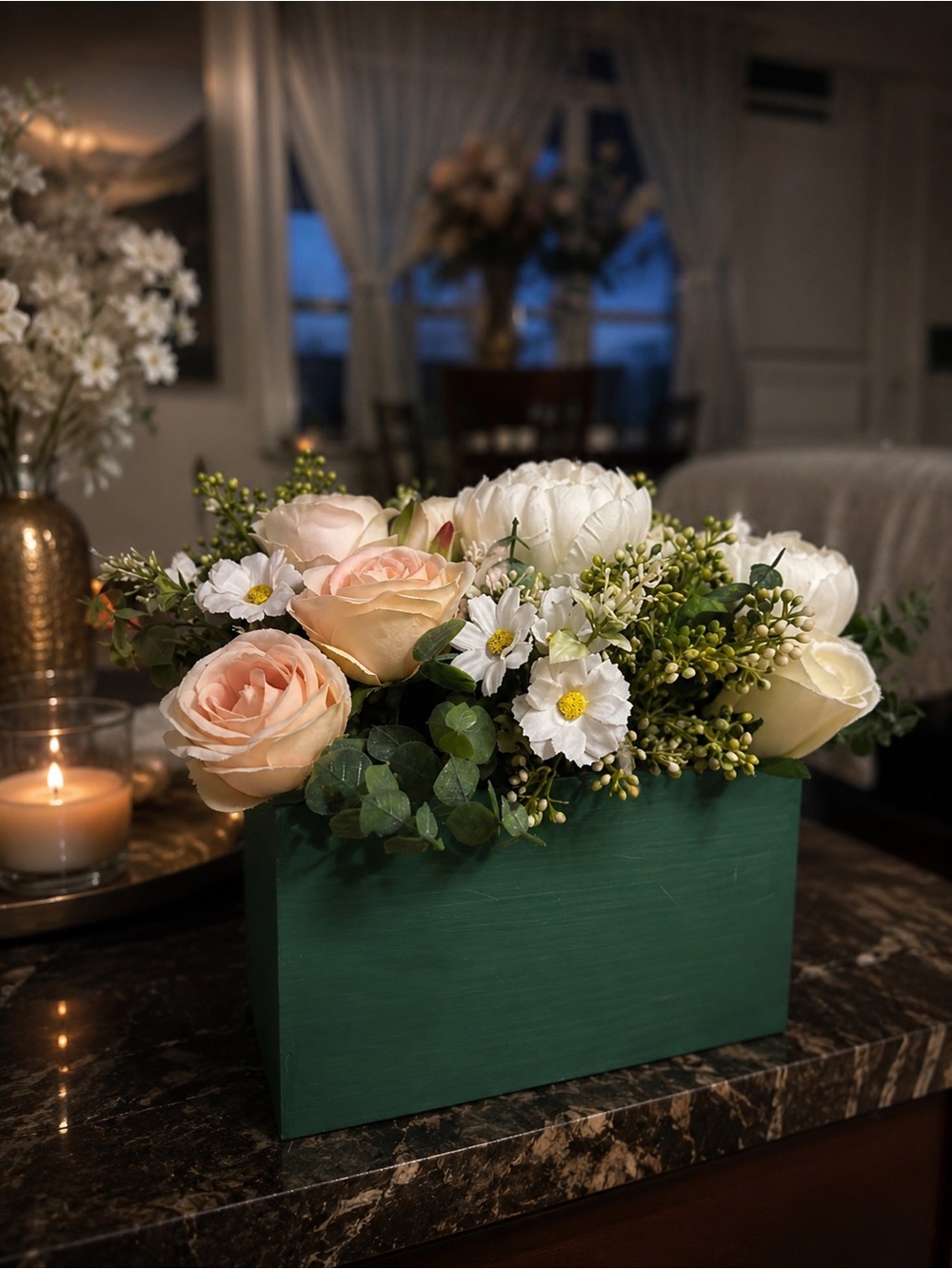 Blush and White Faux Floral Arrangement in Green Wooden Box